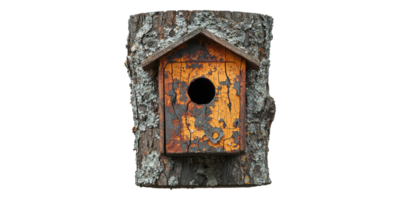 Rustic wooden birdhouse attached to tree trunk isolated on transparent background png