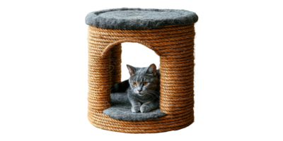 Gray cat in a rope-covered cat house isolated on transparent background png