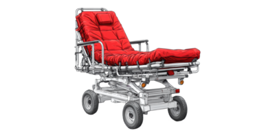 Red medical stretcher with wheels isolated on transparent background png