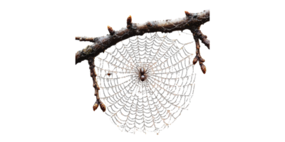 Spider web with dew drops on branch isolated on transparent background png