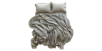 Bed with crumpled sheets and pillows isolated on transparent background png
