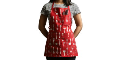 Woman wearing red kitchen apron with utensil pattern isolated on transparent background png