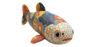 Decorative fish plush toy with patterned fabric design isolated on transparent background png