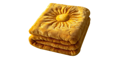 Folded yellow quilt with sun pattern isolated on transparent background png
