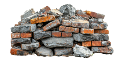 Pile of old bricks and rubble isolated on transparent background png