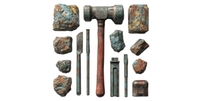 Vintage hammer and tool set with rusted metal pieces isolated on transparent background png