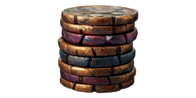 Stack of colorful metallic coins isolated on transparent background png