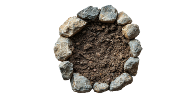 Circular arrangement of rocks with soil in center isolated on transparent background png