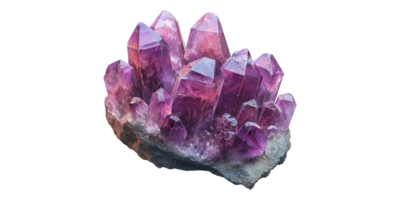 Purple amethyst crystal cluster isolated on transparent background png