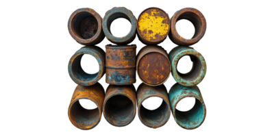 Rusty metal pipes arranged in square formation isolated on transparent background png