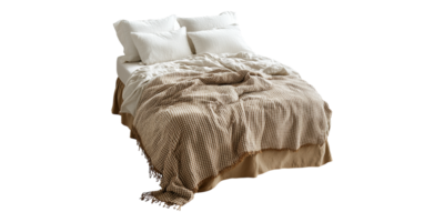 Cozy bed with checkered blanket and pillows isolated on transparent background png