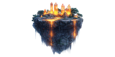 Floating rock island with crystals and waterfalls isolated on transparent background png