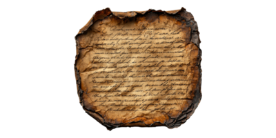 Old burnt paper sheet with handwritten script isolated on transparent background png