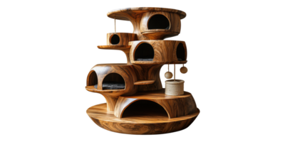 Wooden cat tree with multiple levels and hammocks isolated on transparent background png