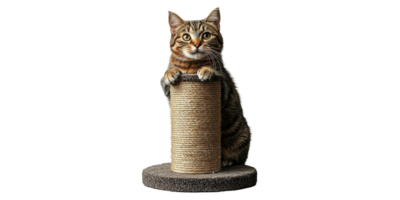 Tabby cat with scratching post isolated on transparent background png