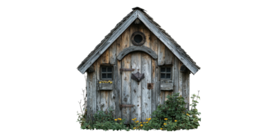 Rustic wooden cottage with plants isolated on transparent background png