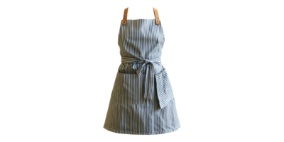 Blue and white striped apron with tie and pockets isolated on transparent background png