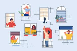 People in windows spaces home with different types of window treatments. curtains, shades, blinds. Neighbors living in apartment building, talk on phone, drink coffee and rest Flat illustration vector