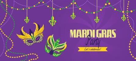 Holidays carnival horizontal banner with masks Mardi Gras templates with masquerade party face disguise accessory capturing spirit of celebration Design for print, party invitation, event flyer vector