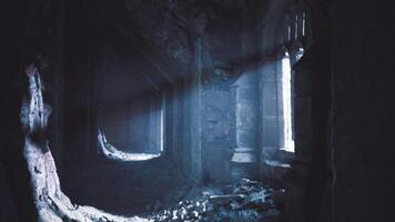 Mysterious abandoned structure with soft light filtering through windows video