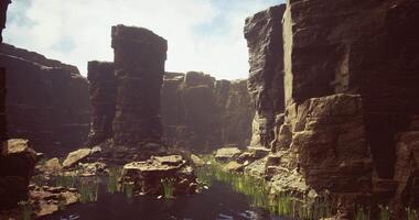 Exploration of rugged cliffs and tranquil waters in a natural canyon setting video