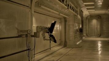 Futuristic corridor with robotic arm and advanced sci fi tech video