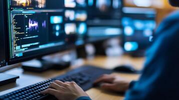 Closeup of Software Developer at Work in a Tech Office on Large Monitors photo