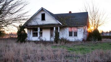 Overgrown and Weathered Abandoned House at Golden Hour Sunset photo