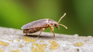 Macro Photograph of a Delicate Brown Beetle with Intricate Details on a Wooden Surface photo