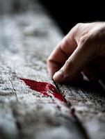 Mysterious Hand Touching Red Stain on Wooden Surface in Atmospheric Setting photo