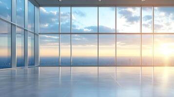Modern Spacious Empty Office Interior with Floor to Ceiling Windows and Skyline View photo