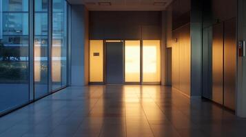 Sunlit Modern Lobby with Floor-to-Ceiling Windows and Reflective Surfaces photo