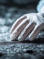 Hand in Protective Glove Examining Details on Rough Surface photo