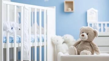 Adorable teddy bear in lighthearted nursery setting with soft color palette and cribs photo