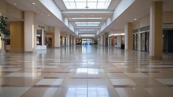 Modern empty shopping mall hallway with tiled floor natural lighting and storefronts visible photo