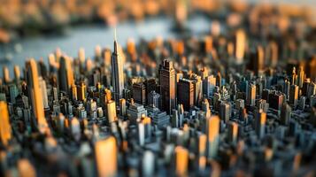 Majestic urban skyline with miniature tilt-shift effect during golden hour photo