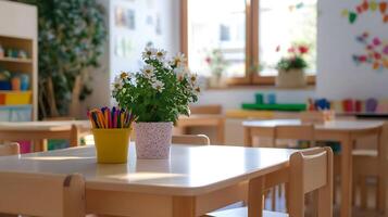 Bright and Colorful Kindergarten Classroom with Creative Art and Learning Activities photo