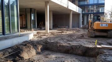Construction Site Preparation with Excavator in Urban Setting Foundation Work photo