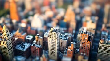 Blurred aerial view of a vibrant bustling city filled with colorful high-rises in soft focus photo