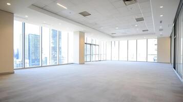 Modern Bright Empty Office Space with Large Windows in Urban Setting photo