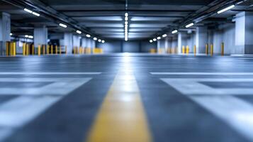 Modern underground parking garage with illuminated lanes and marked spaces photo