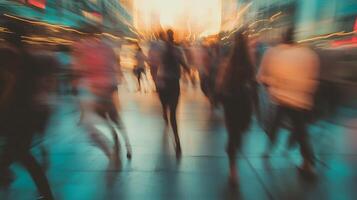 Blurred Motion of People Walking in a Busy City Street during Golden Hour photo