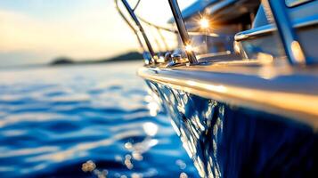 Close-up of Yacht Bow Sailing on Open Seas with Sparkling Water and Sunlight Reflections photo