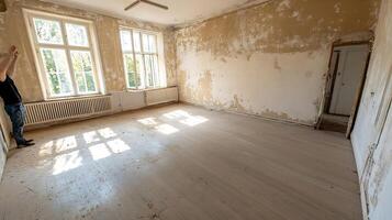 Sunlit Empty Room with Textured Walls and Wooden Floor Ideal for Renovation Projects photo