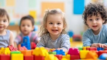 Group of Joyful Toddlers Playing with Colorful Building Blocks in Daycare photo