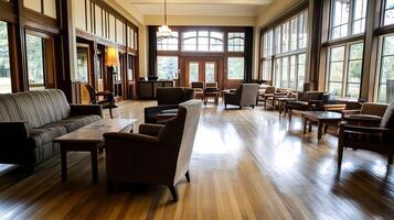 Spacious Lobby Area with Elegant Seating and Large Windows photo
