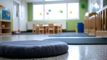 Bright and Inviting Empty Classroom in Modern Preschool Setting with Natural Light photo