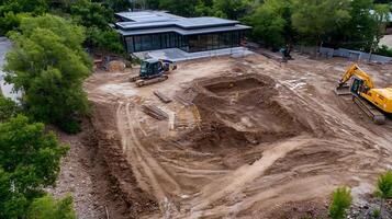 Large Scale Excavation Project with Bulldozers and Modern Architecture in Forest Setting photo