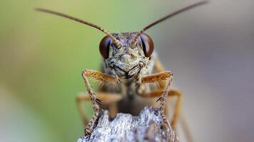 Macro image of brown grasshopper resting on tree bark in natural woodland setting photo