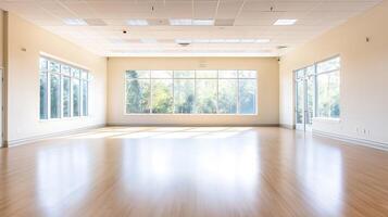 Spacious Empty Room With Large Windows and Wood Flooring for Versatile Interior Design photo